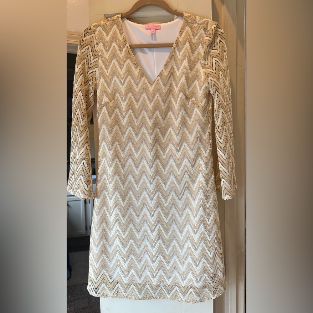 Lilly Pulitzer Cream and Tan Chevron Long Sleeve Metallic Dress - Picture 2 of 5